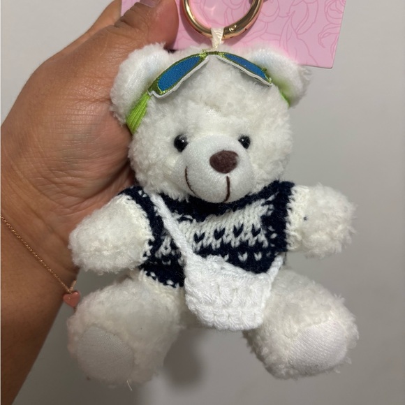 Piper K White Teddy Bear with Blue Sunglasses Bag Charm and Keychain - Picture 2 of 2